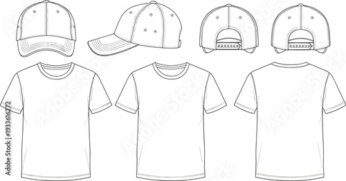 Baseball cap and t shirt vector template set, front back and side view detailed line art illustration isolated on white background