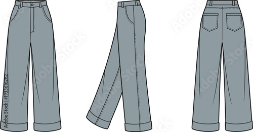Wide leg jeans vector template, front back and side view detailed denim pants illustration isolated on white background