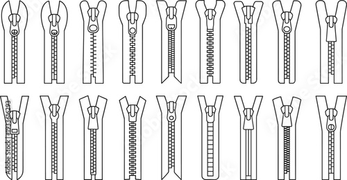 Zipper vector set collection, multiple zip fastener styles detailed line art illustrations isolated on white background template