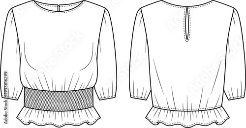 Long Sleeve Blouse Front and Back Flat Sketch with Smocked Waistband shirt apparel