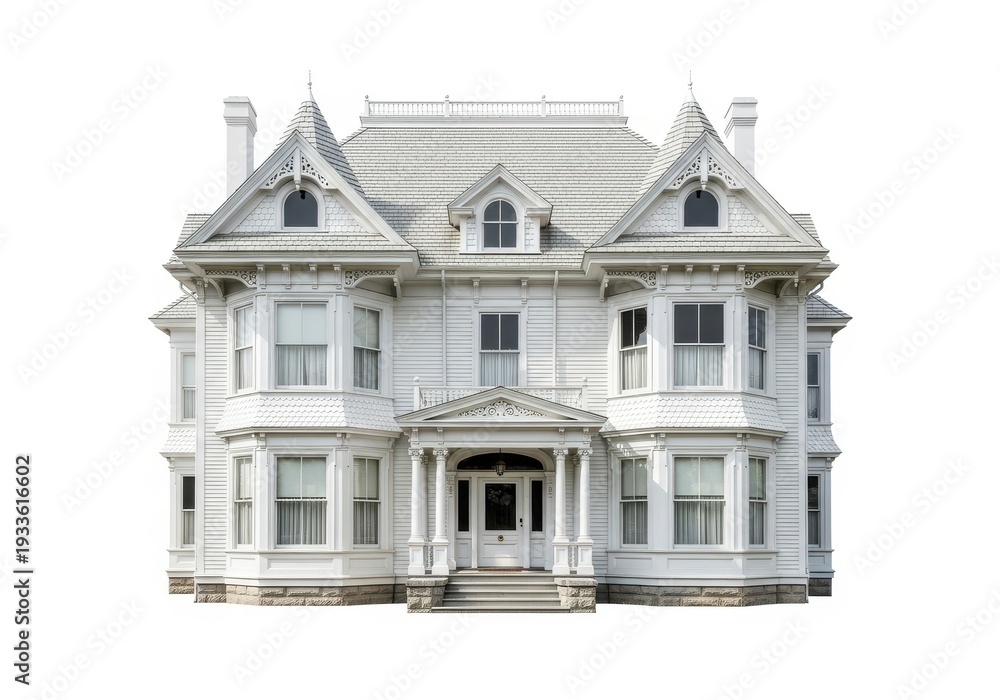 Fototapeta premium Ornate, historic, two story residence displays elaborate Victorian architectural elements against a white background