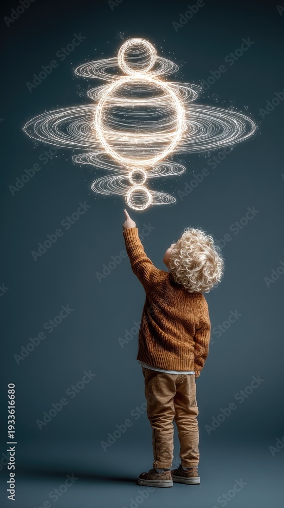 Fototapeta premium Curious Child Touching Glowing Planetary Orbit Illustration