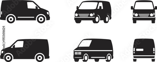 Set Of Black Icons Representing A Van From Different Angles collection vehicle