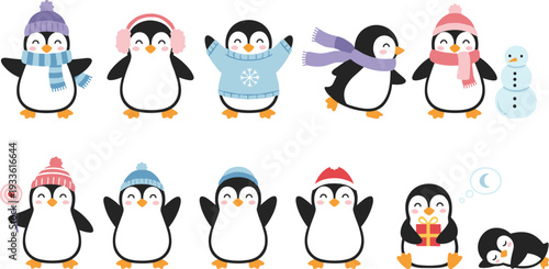 Cute winter penguin character set with adorable baby penguins wearing hats scarves earmuffs and sweaters playing with snowmen gifts and sleeping in flat vector style
