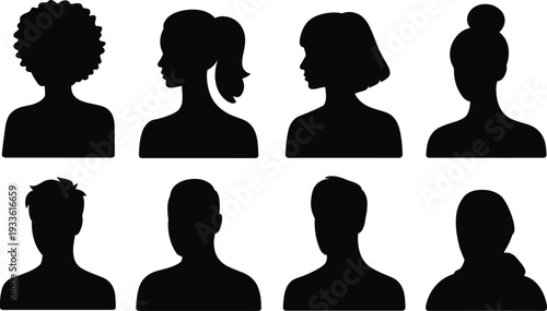 Set of Eight Black Silhouette Human Head and Shoulder Icons with Diverse Hairstyles shoulders person