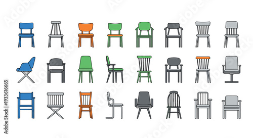 A collection of various colorful chairs on a white background