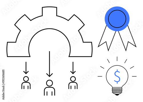 Business processes, team management, innovation, achievement, idea generation, workflow optimization. Gear with arrows, group icons ribbon badge and dollar lightbulb. Workflow optimization and team