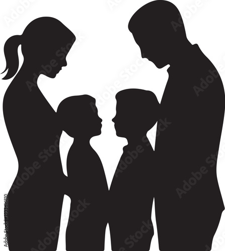 Black silhouette of family with two children white background