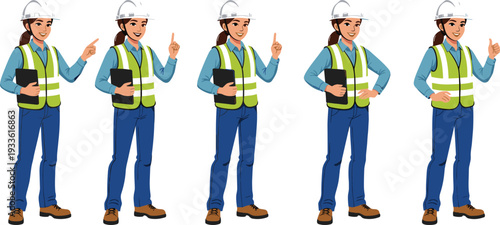 Female construction engineer character set wearing safety helmet and reflective vest holding tablet pointing and giving thumbs up for industrial site safety works