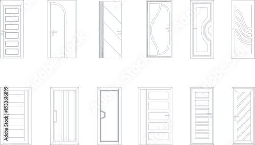 Set of twelve diverse door designs in outline style on a white background doors interior door
