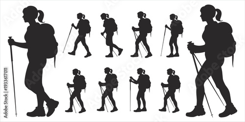 Silhouette of a woman hiker with backpack and poles in various walking poses Keywords: hiker, woman, silhouette, walking, hiking