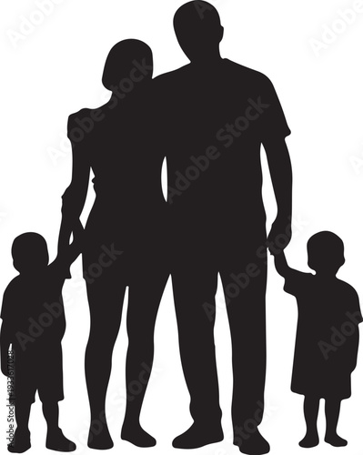 Black silhouette of family with two children white background