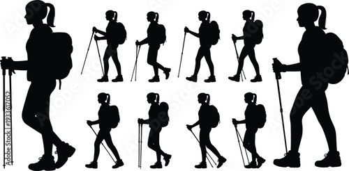 Silhouette of a woman hiker with backpack and poles in various walking poses Keywords: hiker, woman, silhouette, walking, hiking