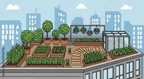 Urban rooftop garden with greenhouse and city skyline modern sustainable living concept