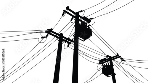 Silhouette of electricity poles with transformers and tangled wires against white background power