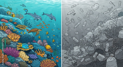 Vibrant coral reef ecosystem contrasted with polluted ocean floor marine life and environmental impact