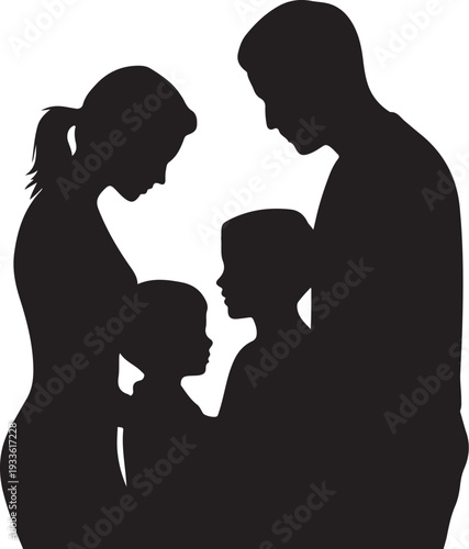 Black silhouette of family with two children white background
