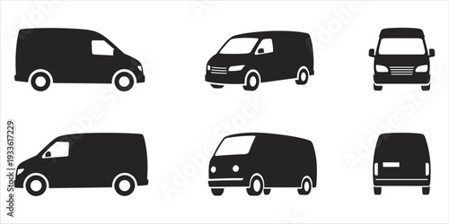 Six Black Silhouettes of Cargo Vans in Different Views delivery van transport