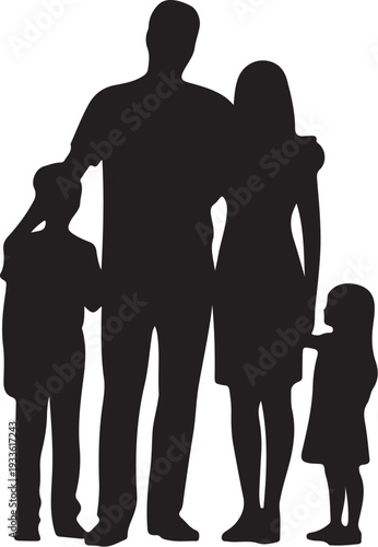 Black silhouette of family with two children white background