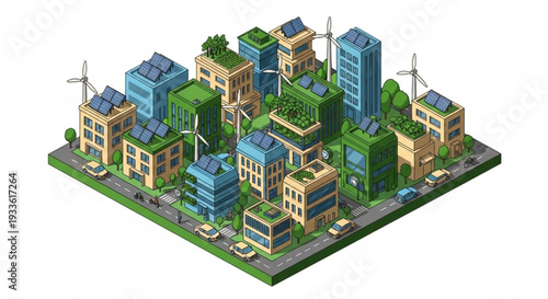 Sustainable cityscape with green buildings and renewable energy sources on a white background