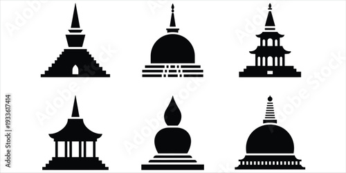 Six Black Silhouettes Of Stupas And Pagodas Representing Buddhist Architecture Keywords: stupa, pagoda, temple, architecture