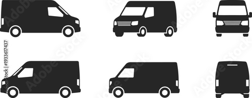 Six Black Silhouettes Of Vans Displayed From Different Angles Keywords: van, vehicle, transport, icon, silhouette, black and