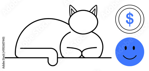 Finance concept. A minimalist line art of a cat, a dollar coin, and a happy face. Finance s wealth and positivity. Useful for business, saving, investment, happiness branding