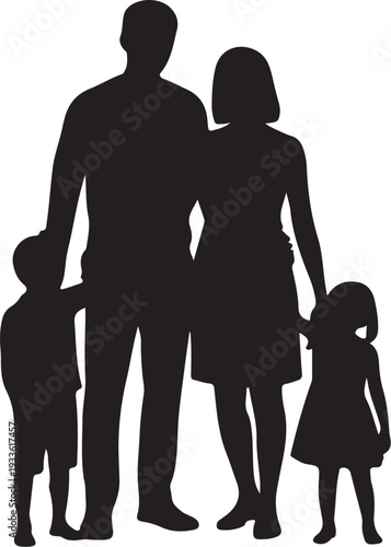 Black silhouette of family with two children white backgroun