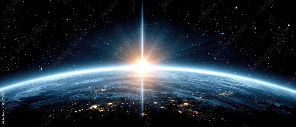 Fototapeta premium Stunning Earth Horizon with Sunburst in Space Captured from Orbit in Breathtaking Cosmic Landscape