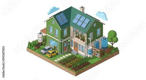 Eco friendly house with solar panels and rainwater harvesting system on a green lawn with garden and trees
