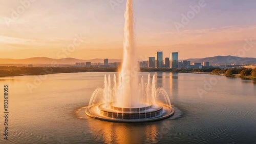 Wallpaper Mural Grand fountain喷泉 in a serene lake at golden hour, with modern city skyline and distant mountains—urban landscape, tranquility, and architectural beauty. Torontodigital.ca
