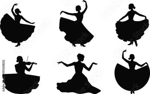 Flamenco dancer silhouette set with Spanish woman dancing poses and violin player, black vector collection isolated on white background cultural performance illustration