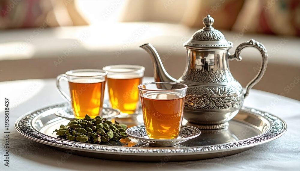 Fototapeta premium Gleaming silver ornate tea set with glasses of amber beverage and cardamom on a tray