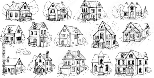 Hand-drawn seamless pattern of vintage residential houses and architectural buildings in a black and white sketch style, perfect for backgrounds or design elements.