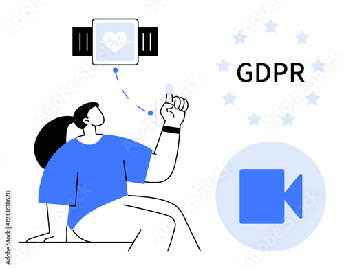 GDPR, data privacy, wearable tech, health monitoring, video surveillance, secure communication. Woman interacting with health tracker, icons for GDPR and video. GDPR and data privacy highlighted