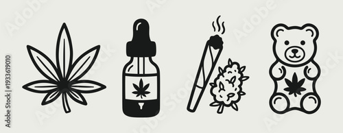 Cannabis and CBD Product Icons Set - Marijuana Leaf, Oil, Joint, Gummy