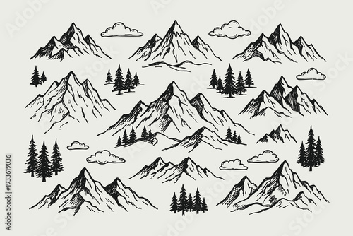 Hand Drawn Mountain Landscape Elements and Pine Trees Set