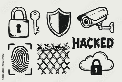 Cyber Security and Digital Protection Hand Drawn Icons Set
