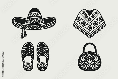 Mexican Culture Traditional Icons Set - Sombrero, Poncho, Huaraches, Bag