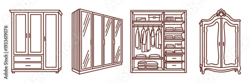 Wardrobe vector collection, different closet designs for clothing storage interior furniture set