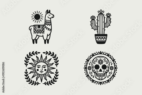 Mexican Folk Art Inspired Vector Icons: Llama, Cactus, Sun, Sugar Skull