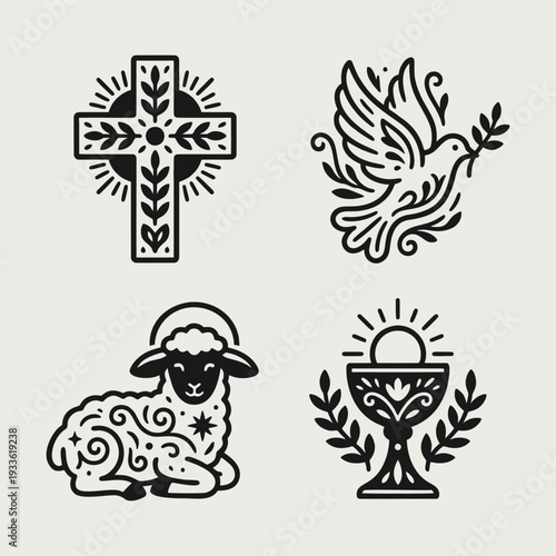 Sacred Christian Symbols Collection: Cross, Dove, Lamb, Chalice Vector