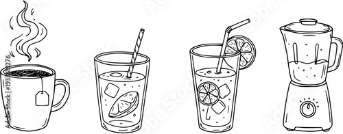 Hand-drawn line art set of beverages and kitchen appliance. Steaming tea mug, two glasses of iced lemonade with lemon slices and straws, and a food blender.