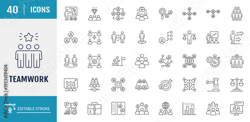 Teamwork icons set. Includes collaboration, Research, Meeting and more. Outline icon set. Vector illustration with editable stroke