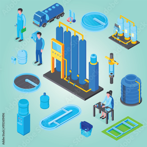Isometric water purification technology set with isolated images of industrial machines storage tanks and human characters vector illustration