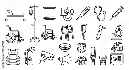 Medical and Security Safety Equipment Vector Line Art
