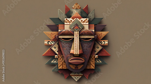 Colorful tribal mask with geometric patterns on wall