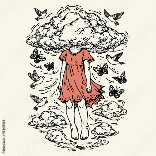 A lil girl floats quietly in the sky, lifted by a big soft cloud that hides her head. She wears a worn dress, barefoot, with her arms hanging naturally by her sides