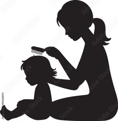 Black silhouette of woman combing child's hair