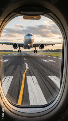 Dramatic view through an airplane cockpit window of a long runway preparing for takeoff or landing during a scenic sunset for aviation and pilot concepts.
